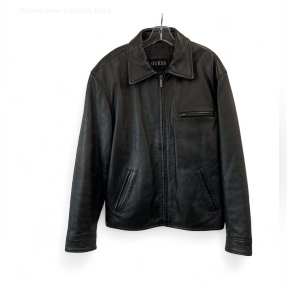 #90s |Guess| super heavy black leather brand jacket Men’s Medium - Picture 1 of 7